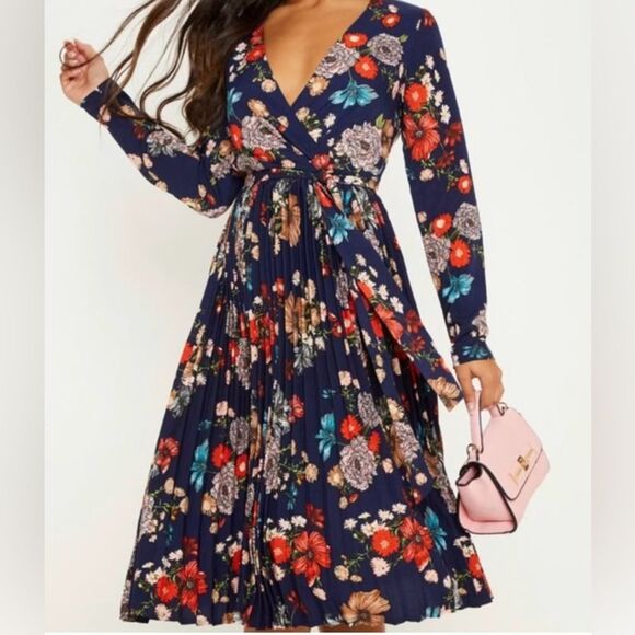 PrettyLittleThing Pink Blue Long Sleeve V-Neck Sheath Dress - Picture 2 of 10